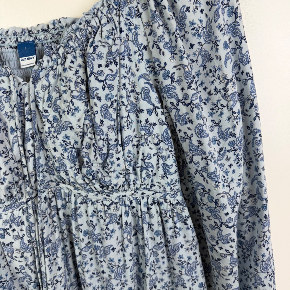 Old Navy Blue Ditsy Floral Paisley Tie Neck Swing Dress Small Boho Milkmaid - Picture 2 of 10